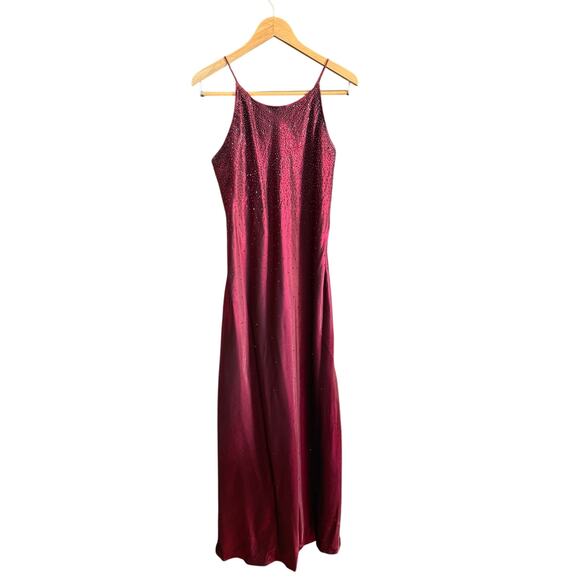 90s Vintage ASPEED Burgundy High Neck  Beaded Gown Prom Dress Extra Large - Picture 1 of 6